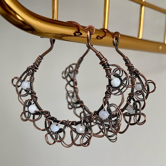 Blue Lace Agate Handcrafted Copper “Lace” Hoop Earrings - Picture 1 of 8